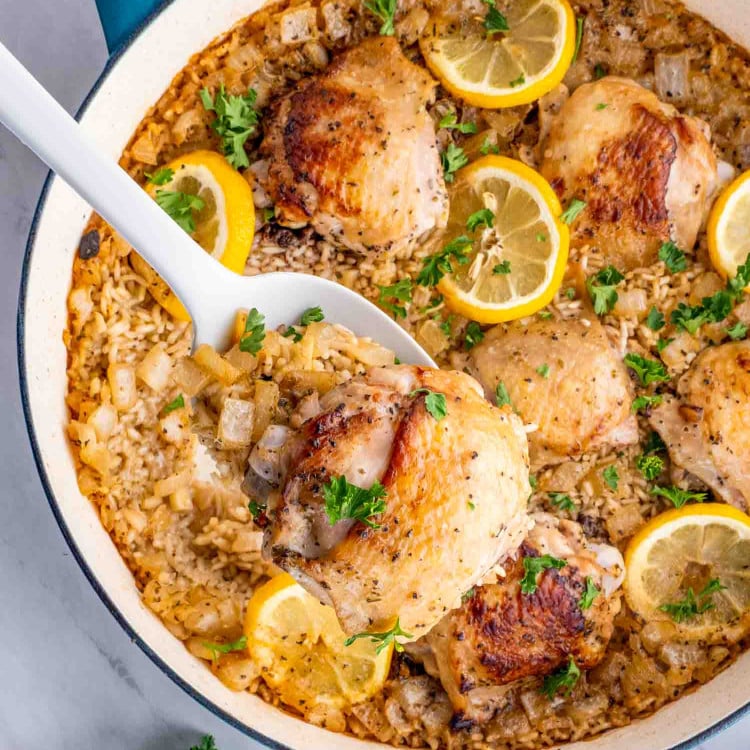 One-Pot Dutch Oven Chicken Thighs with Lemony Rice