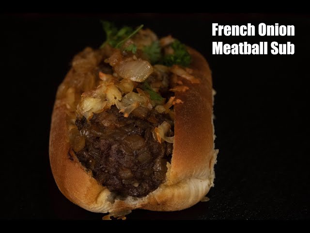 Delicious French Onion Meatball Sub with Rich Beef Broth and Gruyere