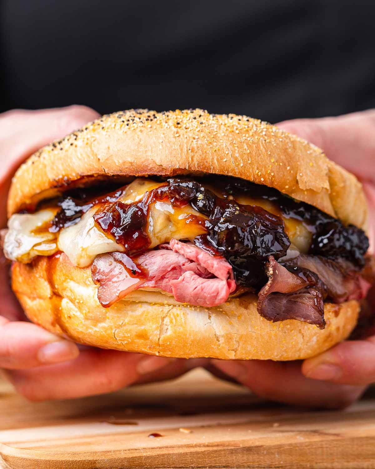 Ultimate Roast Beef & Ham Sandwich Recipe：. Ultimate Roast Beef & Ham Sandwich with Mozzarella and Onion Jam