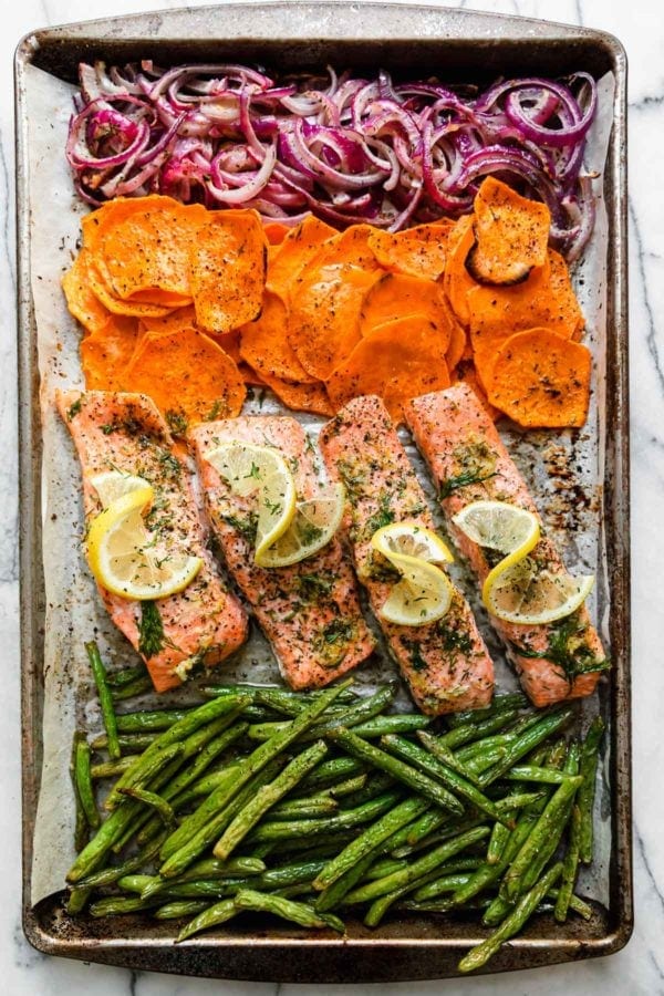 Easy Baked Salmon and Sweet Potato Sheet Pan Meal in 30 Minutes