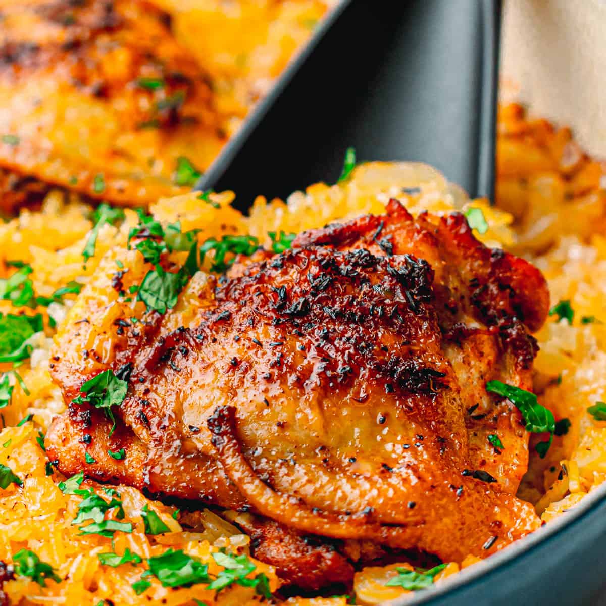 Perfectly Juicy Dutch Oven Chicken Thighs and Rice for Dinner